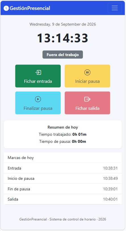 Pantalla móvil de fichaje de Gestión Presencial